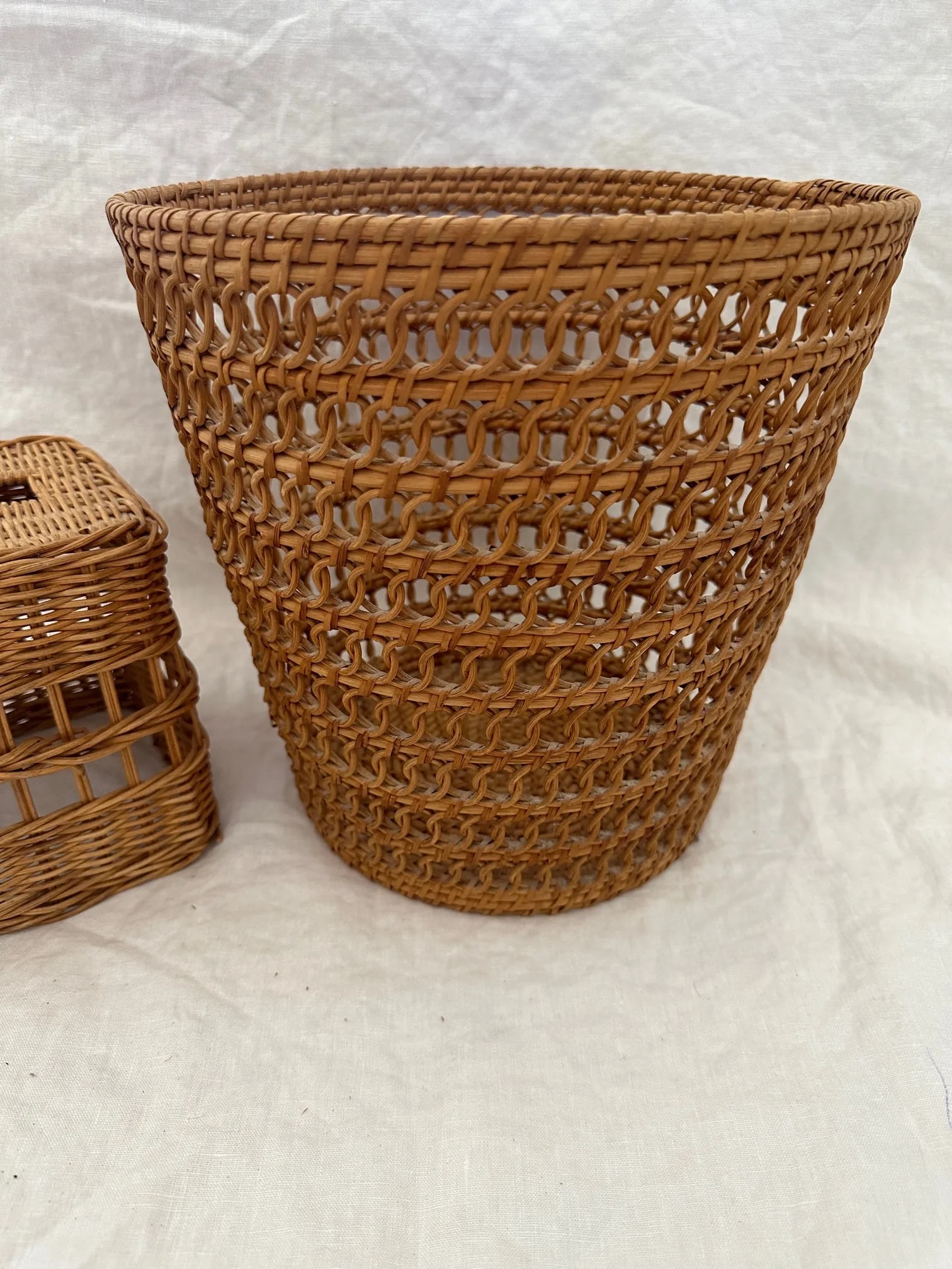 Vintage Wicker Wastebasket/Tissue Box Set - 3