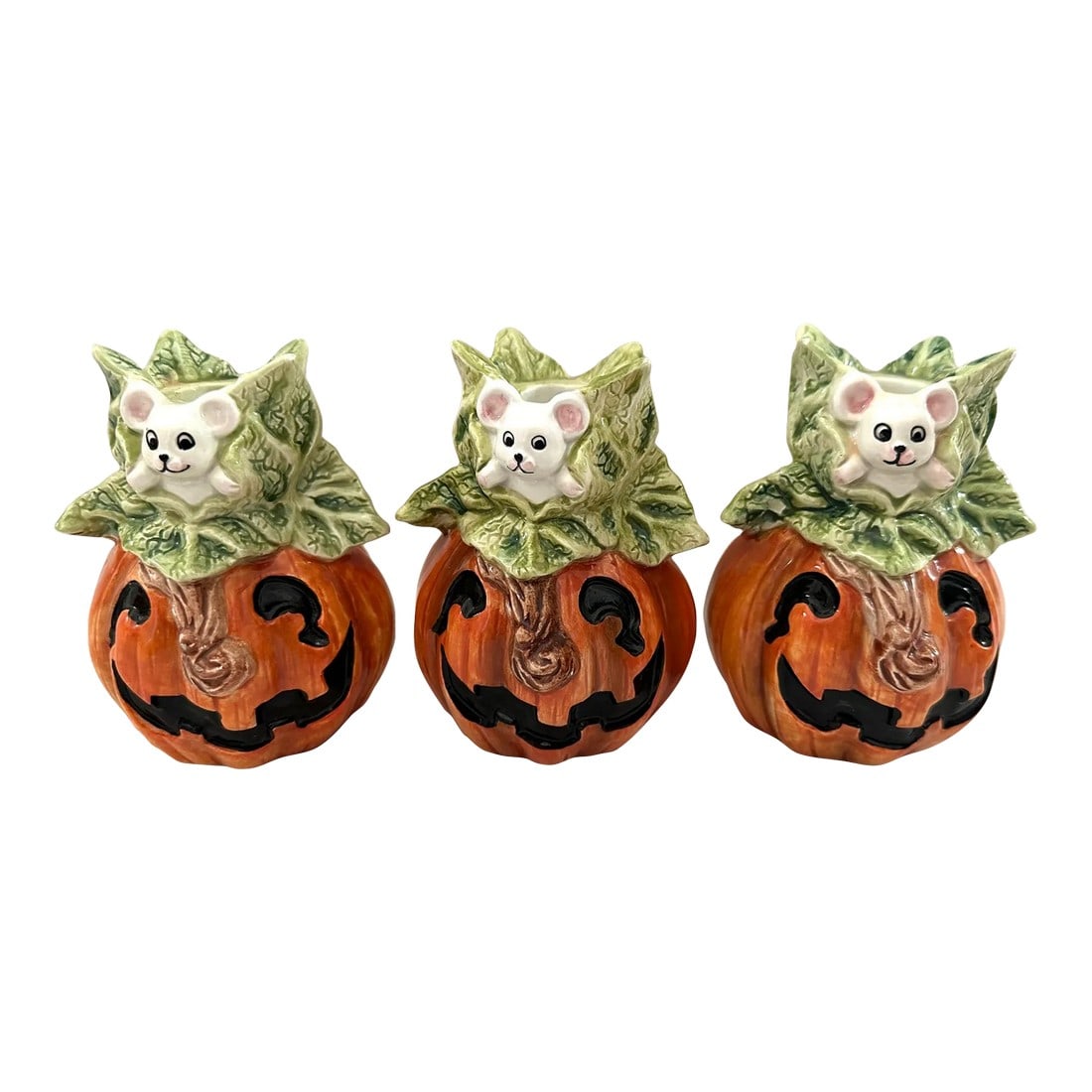 Vintage OCI/Fitz & Floyd Pumpkin/Mouse Candle Holders-Set of 3: Super cute set of 3 OCI/Fitz & Floyd Candle holders. Pumpkins with a mouse on top. Matching coffee mugs and tea pot in my listings. Super cute for a Halloween party. 1989, handpainted 4.75in h x