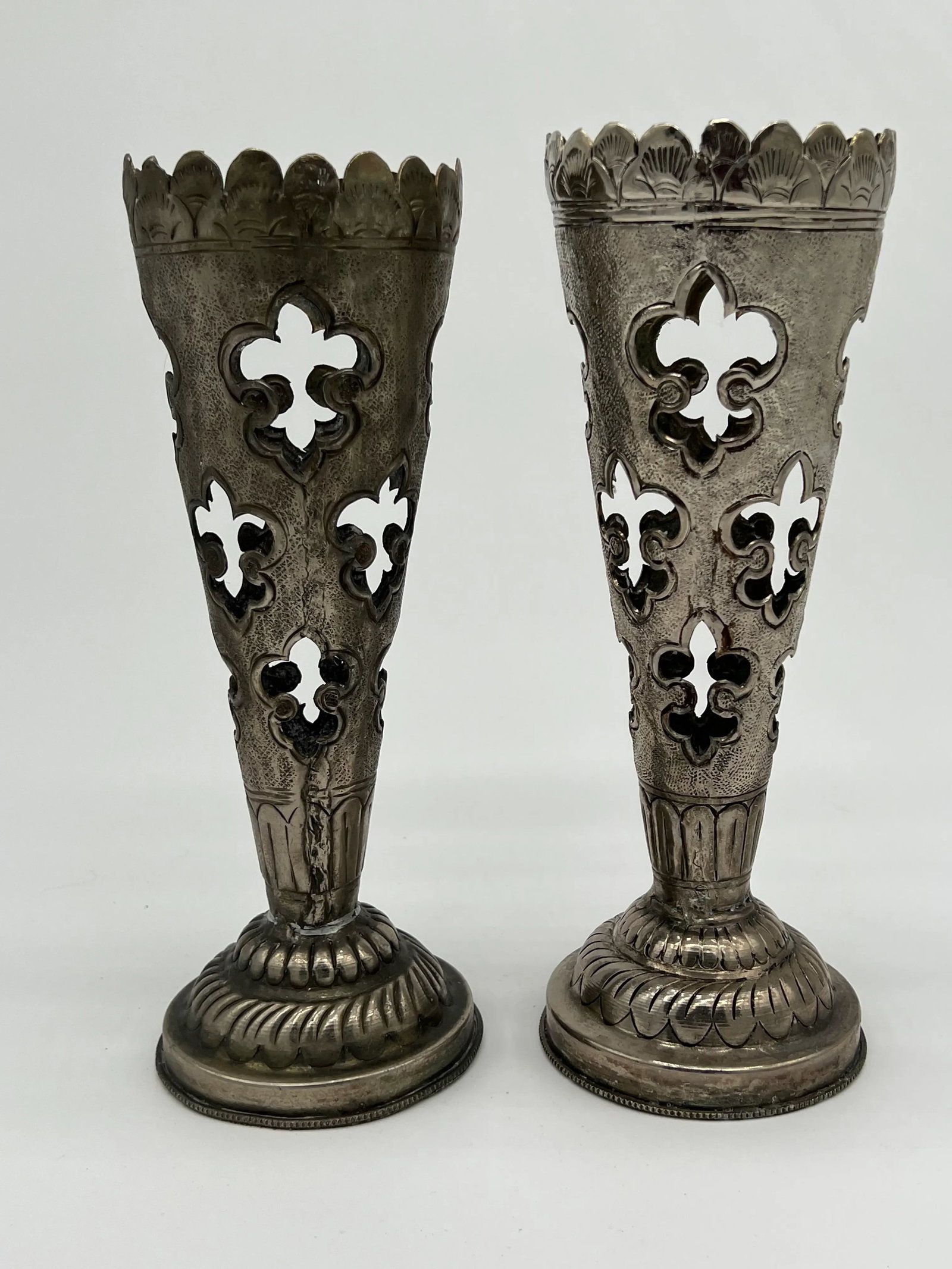 Hammered Metal Fleur De Lis Vases - a Pair - 3