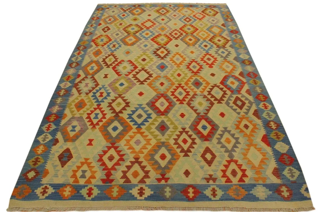 Caucasian Kilim Ivory Blue Wool Rug - 6'9" X 9'9" - 2
