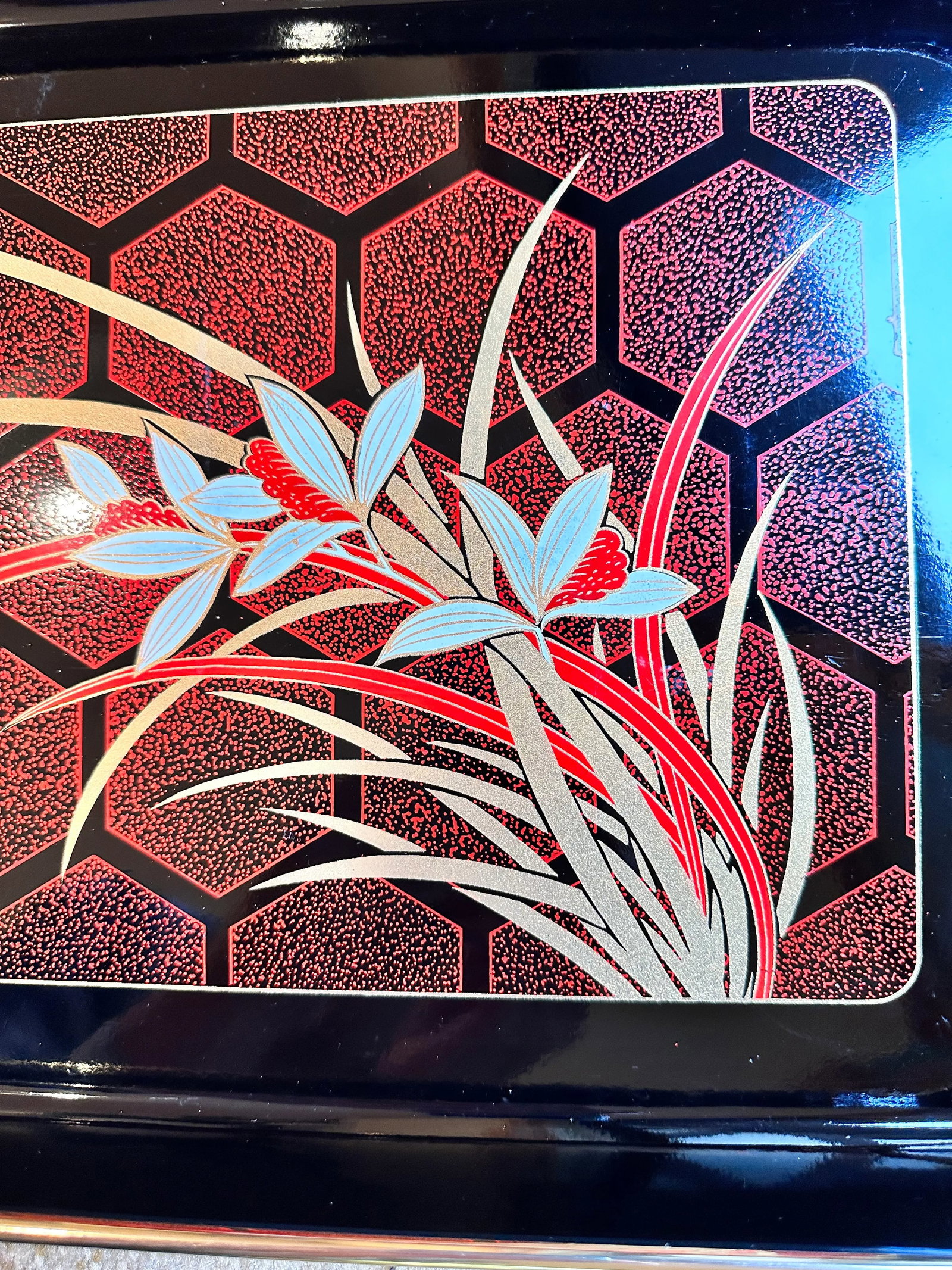 1980s Vintage Japanese Nested Black Lacquerware Trays- Hand Decorated Nishi Garden- Set of 3 - 5