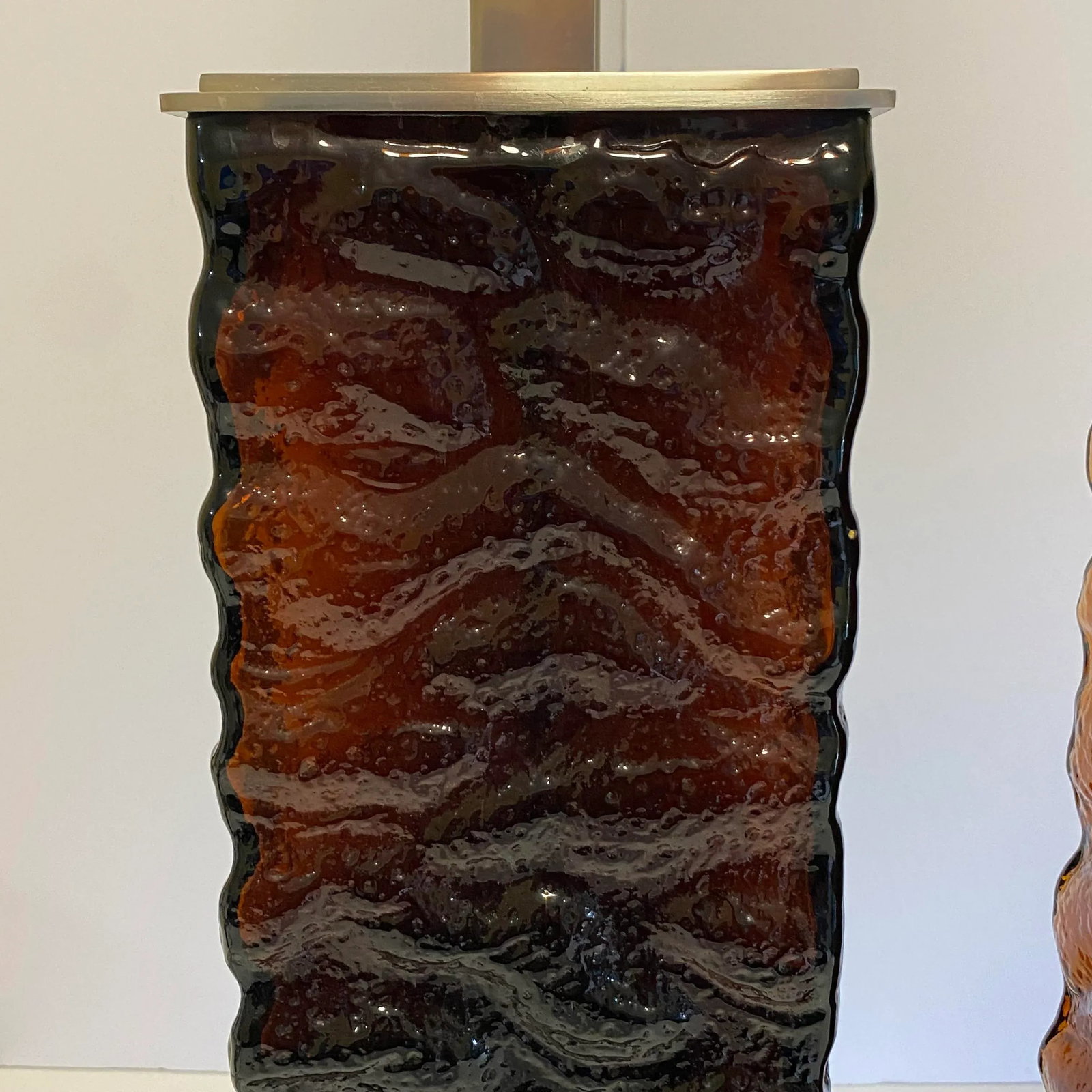 Vintage MidCentury Modern Wavy Amber Glass Table Lamps - a Pair - 4