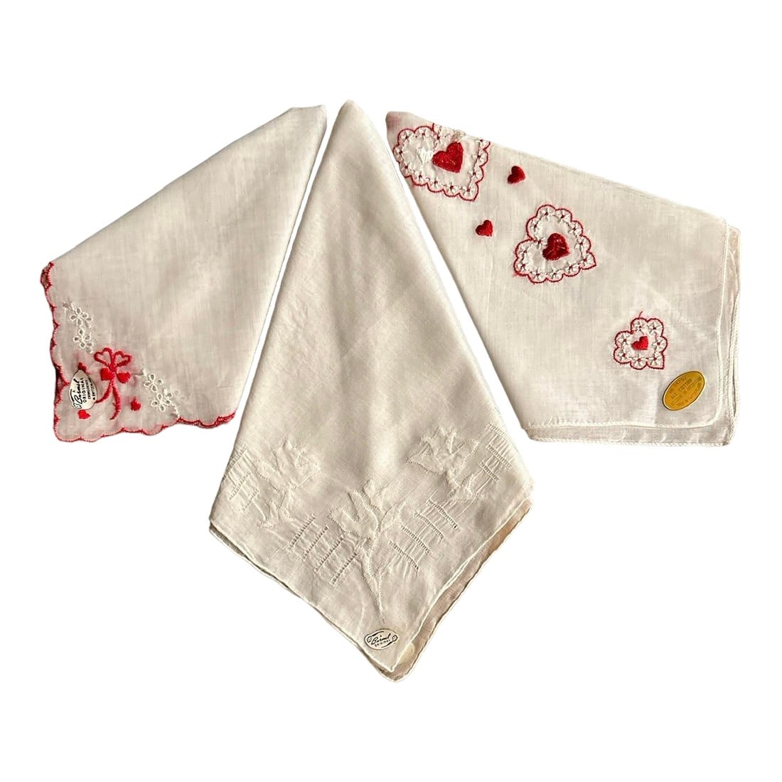 Mid 20th Century Vintage Burmel Original Cotton Embroidered Handkerchiefs Set of 3: Burmel handkerchiefs and scarves enhanced women's fashion choices throughout the 20th century. The company was located at 385 Fifth Ave., New York. Vogue magazine presented Burmel hankerchiefs in