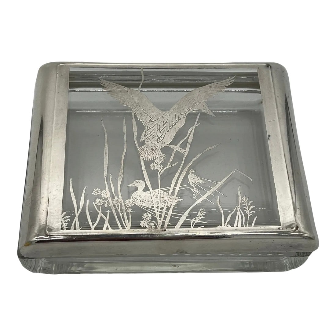 Vintage Glass Card or Cigarette Box With Sterling Silver Ducks and Trim: Glass box with sterling silver mallard ducks and trim. This box was created by the Rockwell company and was probably used to hold cigarettes or playing cards back in the day. Two piece construction. C