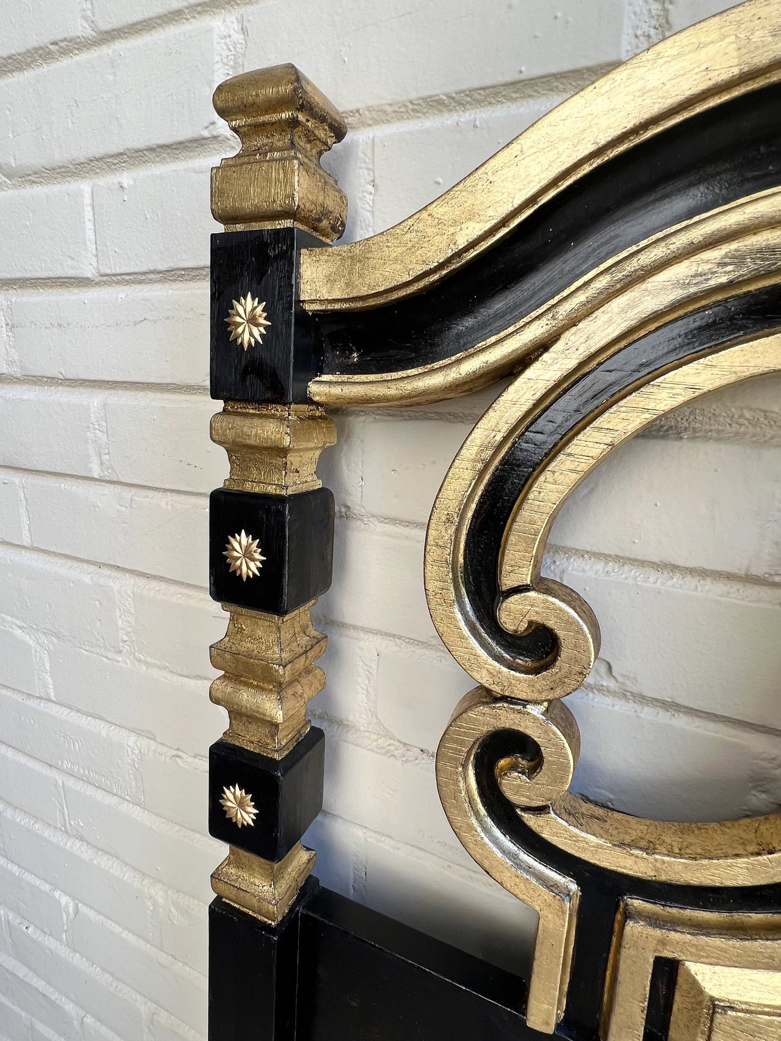 Stunning Vintage Hollywood Regency Mediterranean Style Ebony and Parcel Gilt King Size Headboard-New - 5