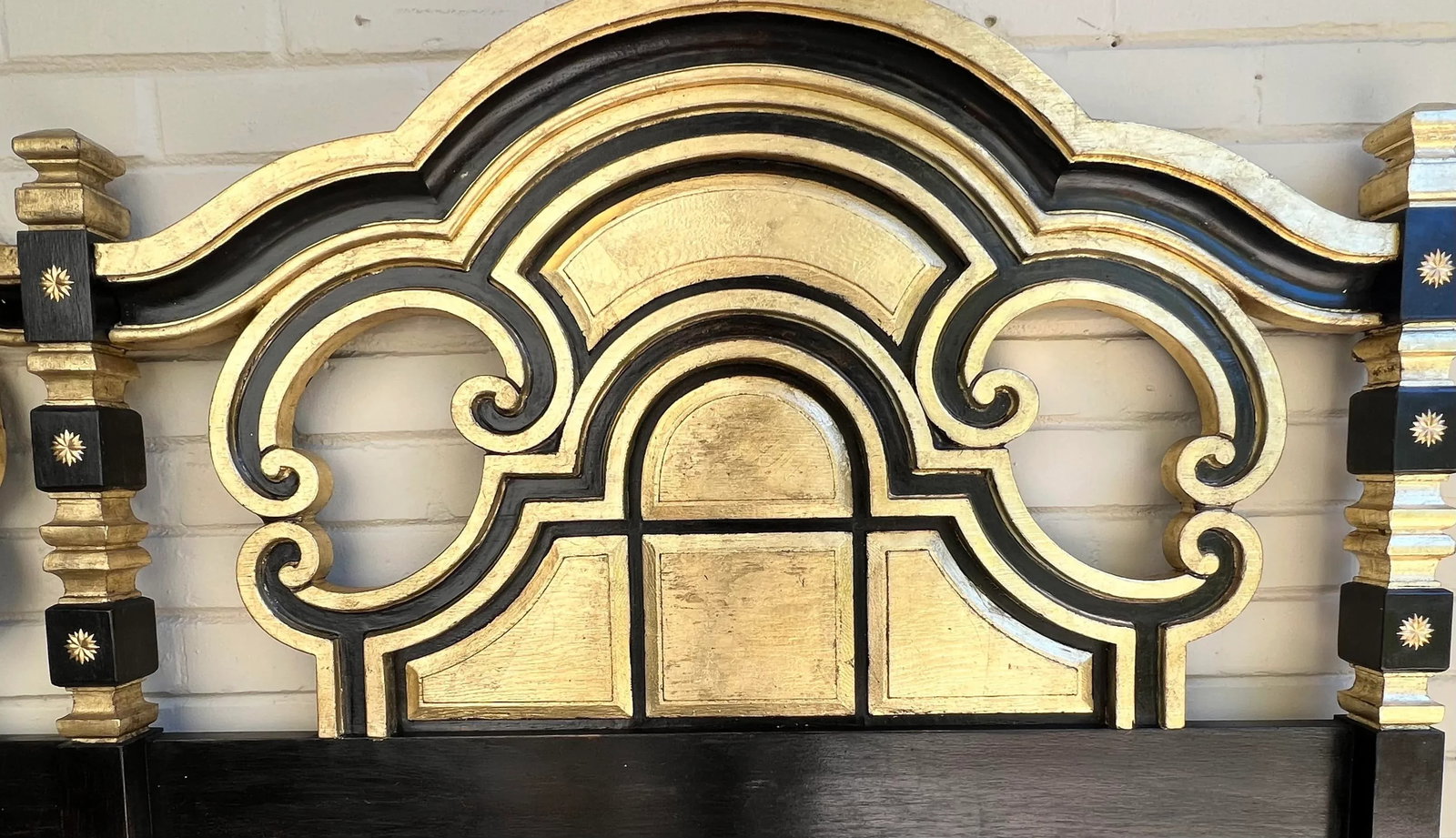 Stunning Vintage Hollywood Regency Mediterranean Style Ebony and Parcel Gilt King Size Headboard-New - 7