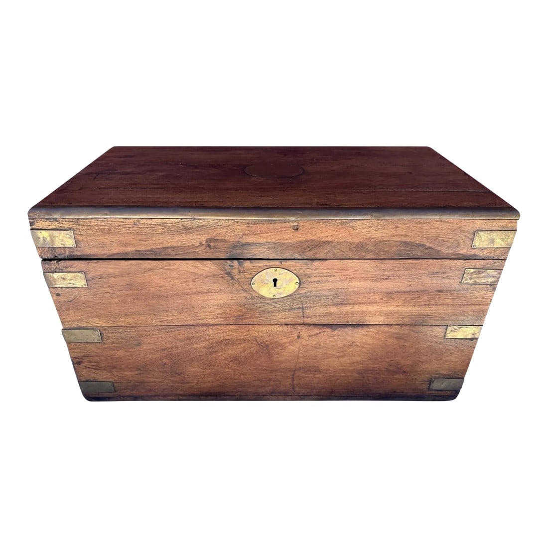 Antique Camphorwood Chest With Brass Trim: Antique Camphorwood Chest with brass trim throughout. Brass corners, handles and trim work with medallion on top. Perfect for display or hiding trinkets in. 20in w x 11in h x 11in d Make sure to