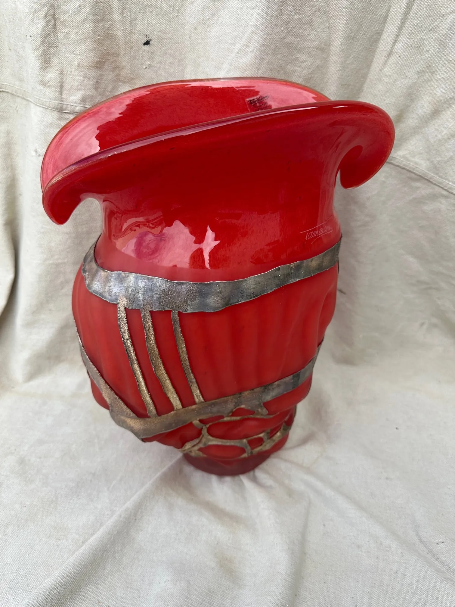 Vintage Ion Tamaian Large Red Blown Glass Vase, Signed - 8