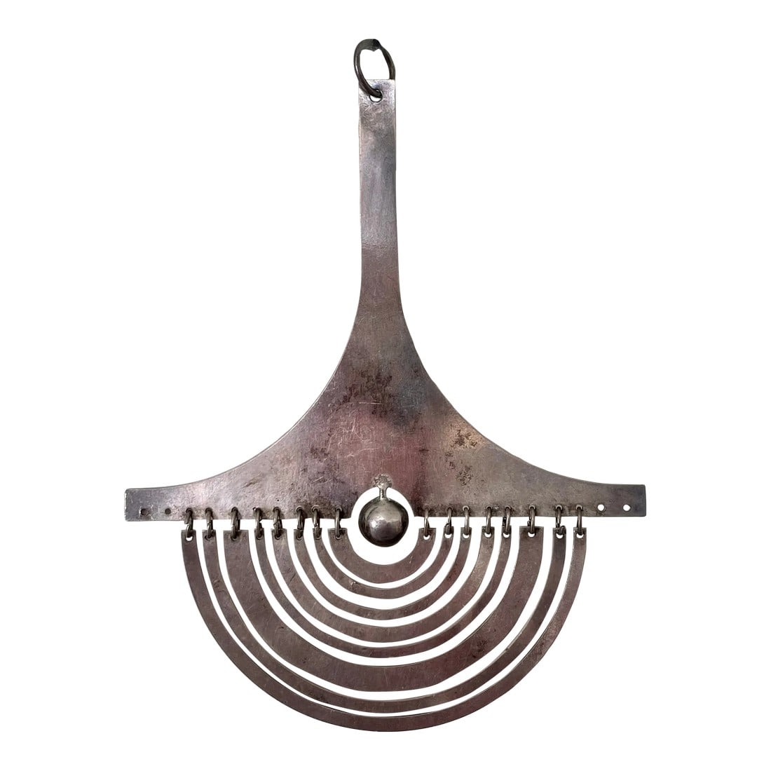 Tapio Wirkkala Sterling Crescent Moon Pendant: Signed studio kinetic pendant designed by famed Finnish sculptor and designer, Tapio Wirkkala ( 1915 -1985) . Fashioned from Sterling Silver this kinetic pendant is known as the "crescent moon" ) Kuun