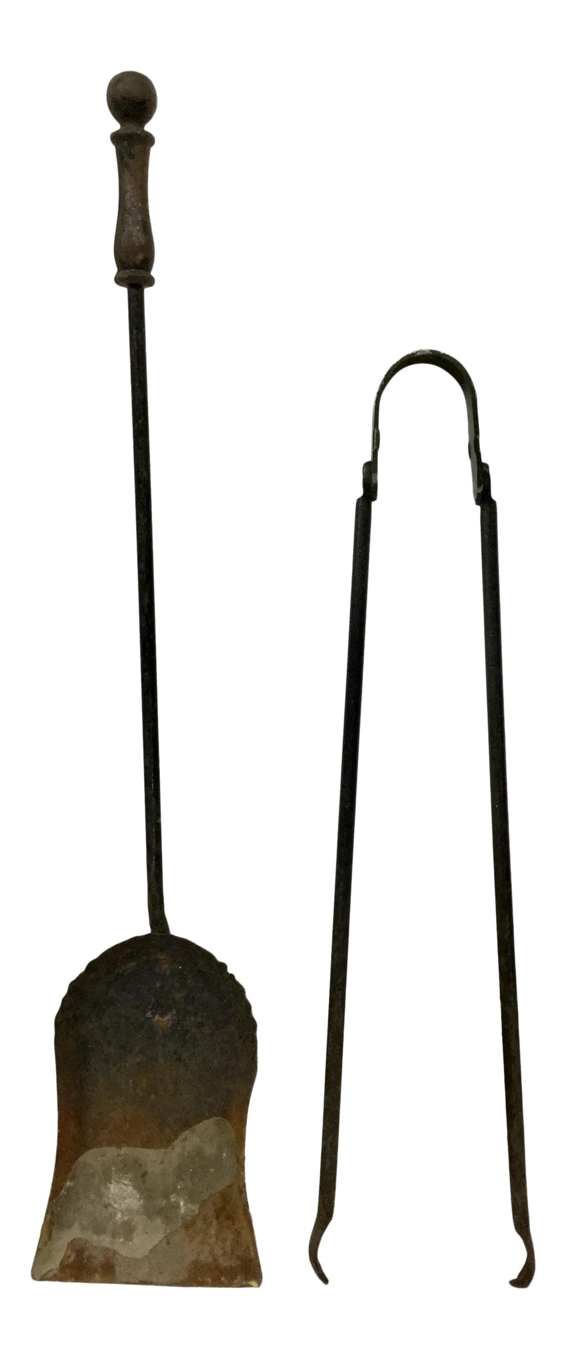 French Antique Wrought Iron Fireplace Tool Set - 2 Piece: From a large French Chateau this antique set of tools from the late 1800's still works perfectly. The ancient patina is gorgeous. These are not too heavy so they are easy to handle. However they are