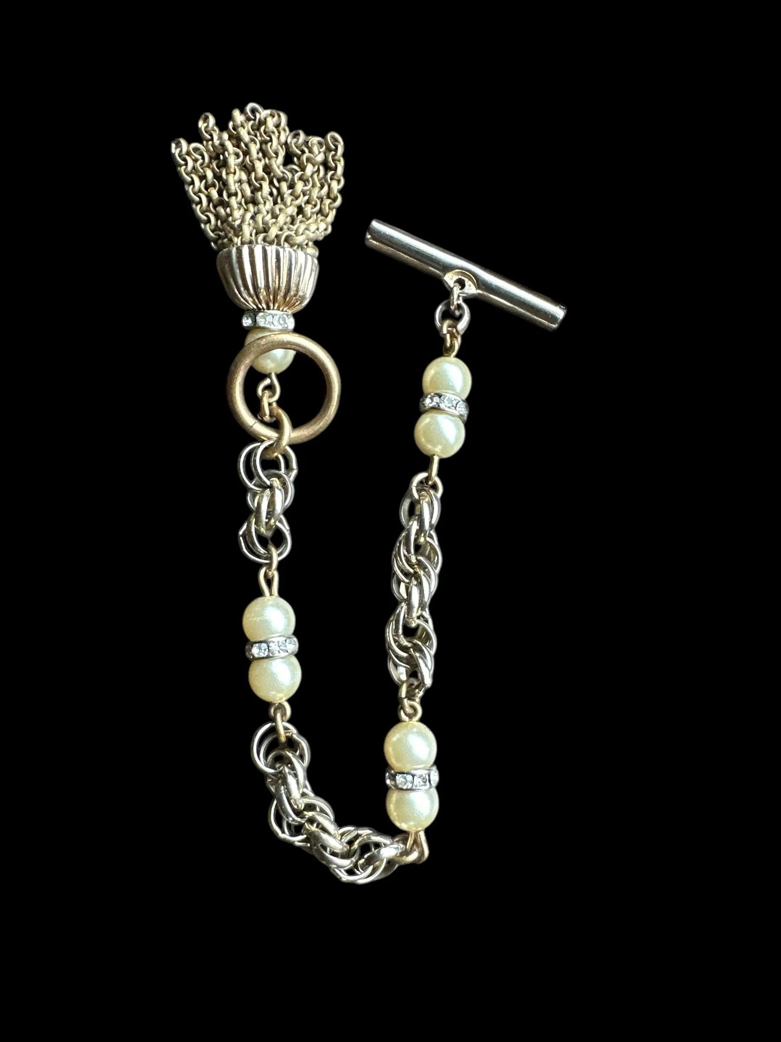 Mid 20th Century Trifari Chainlink Tassel Faux Pearl Rhinestone Necklace and Bracelet Set - 2 Pieces - 10