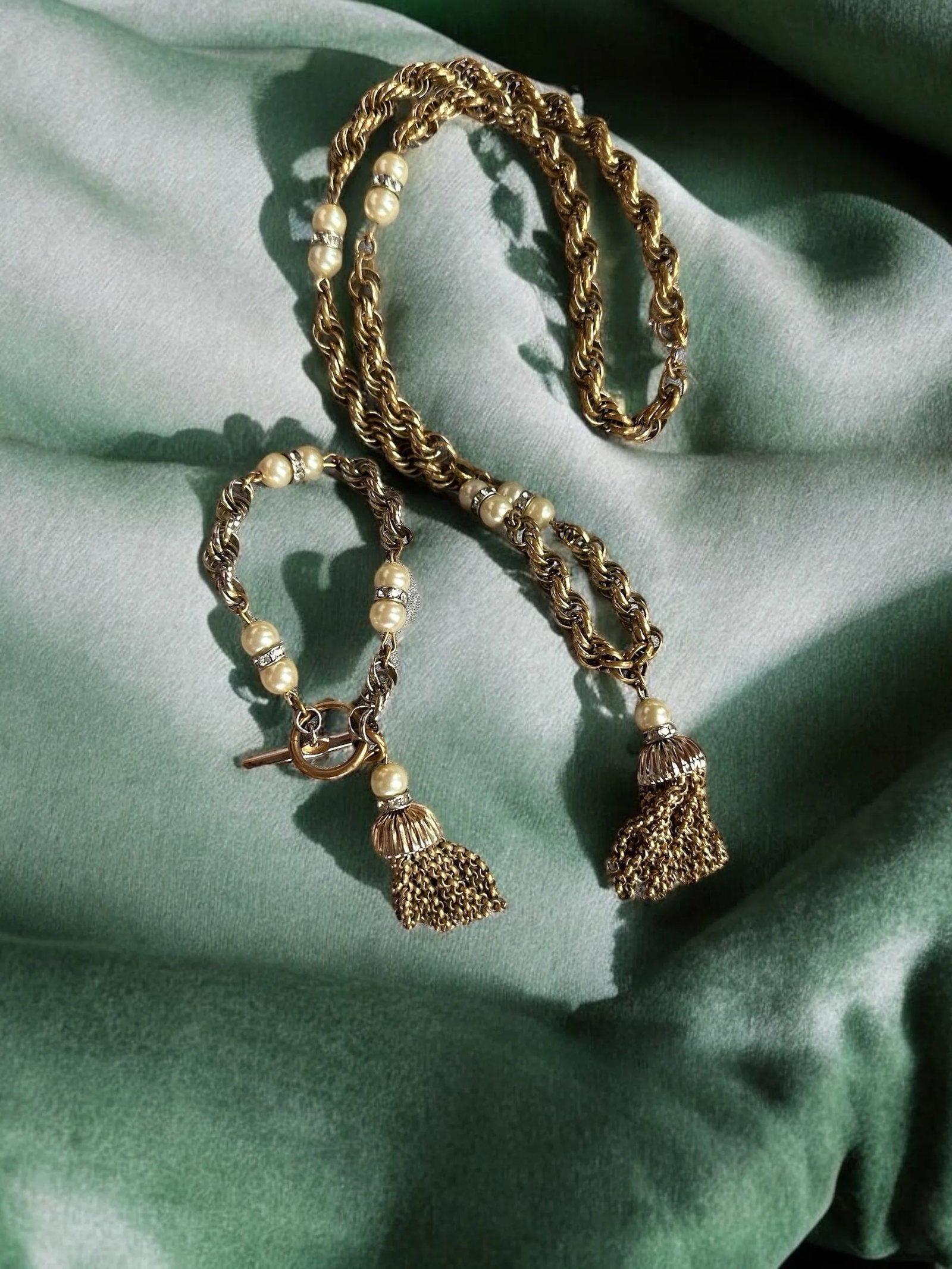 Mid 20th Century Trifari Chainlink Tassel Faux Pearl Rhinestone Necklace and Bracelet Set - 2 Pieces - 12