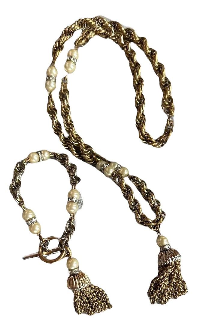 Mid 20th Century Trifari Chainlink Tassel Faux Pearl Rhinestone Necklace and Bracelet Set - 2 Pieces: Trifari signed tassel necklace and bracelet set. Trifari is marked on the bracelet bar and Germany is marked on the matching necklace clasp. Brassy gold chain link with faux pearl and rhinestone accen