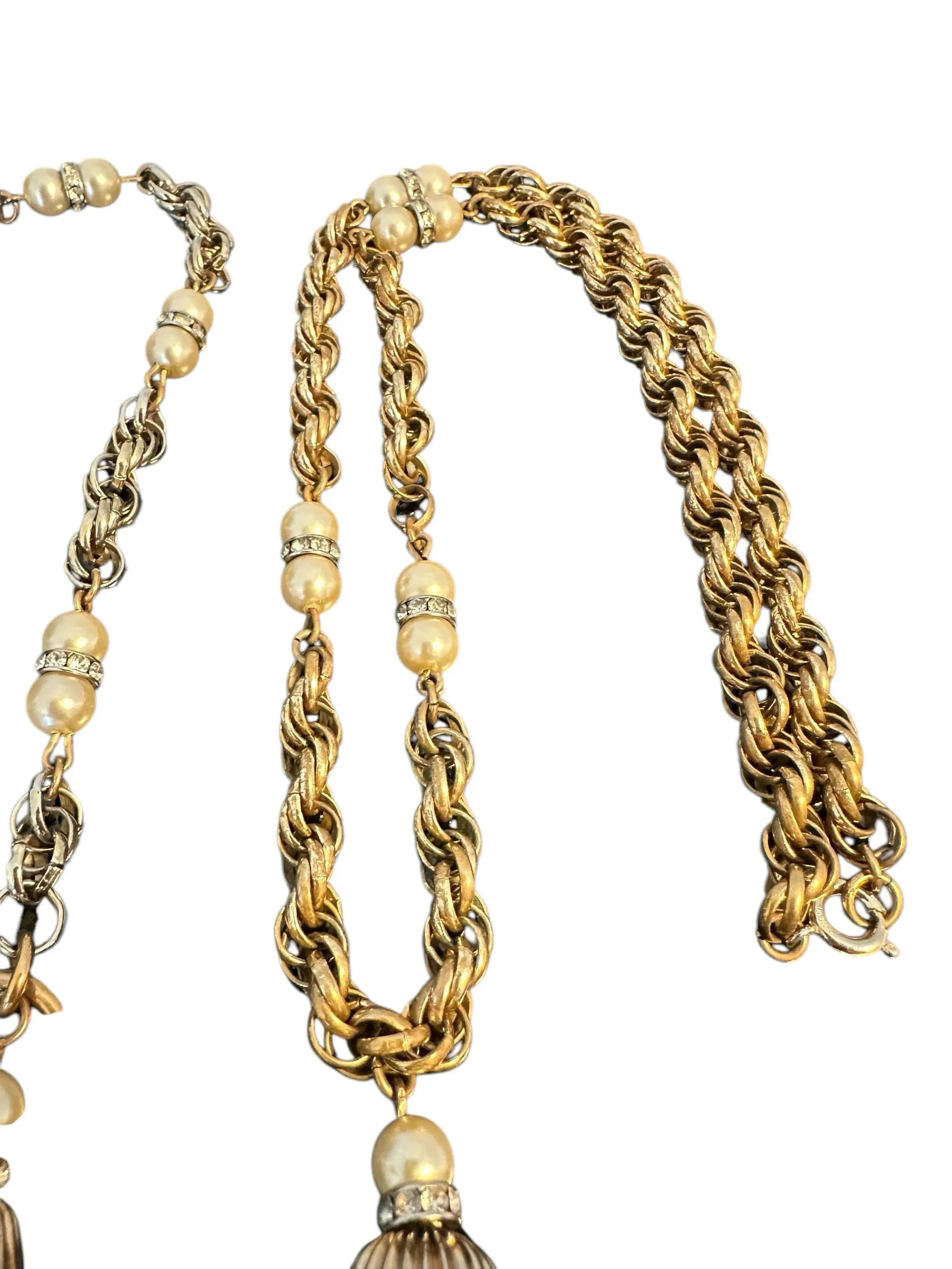 Mid 20th Century Trifari Chainlink Tassel Faux Pearl Rhinestone Necklace and Bracelet Set - 2 Pieces - 6