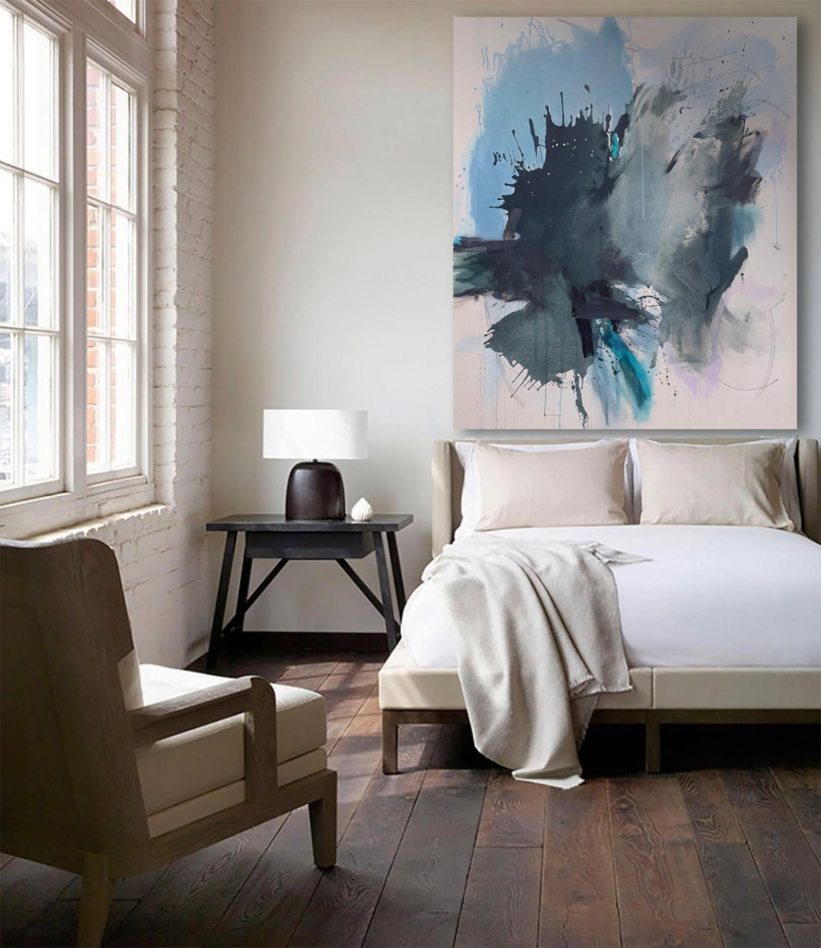 Sings My Soul Original Lyrical Abstraction Painting in Forest Green, Teal, and Sky Blue - 3