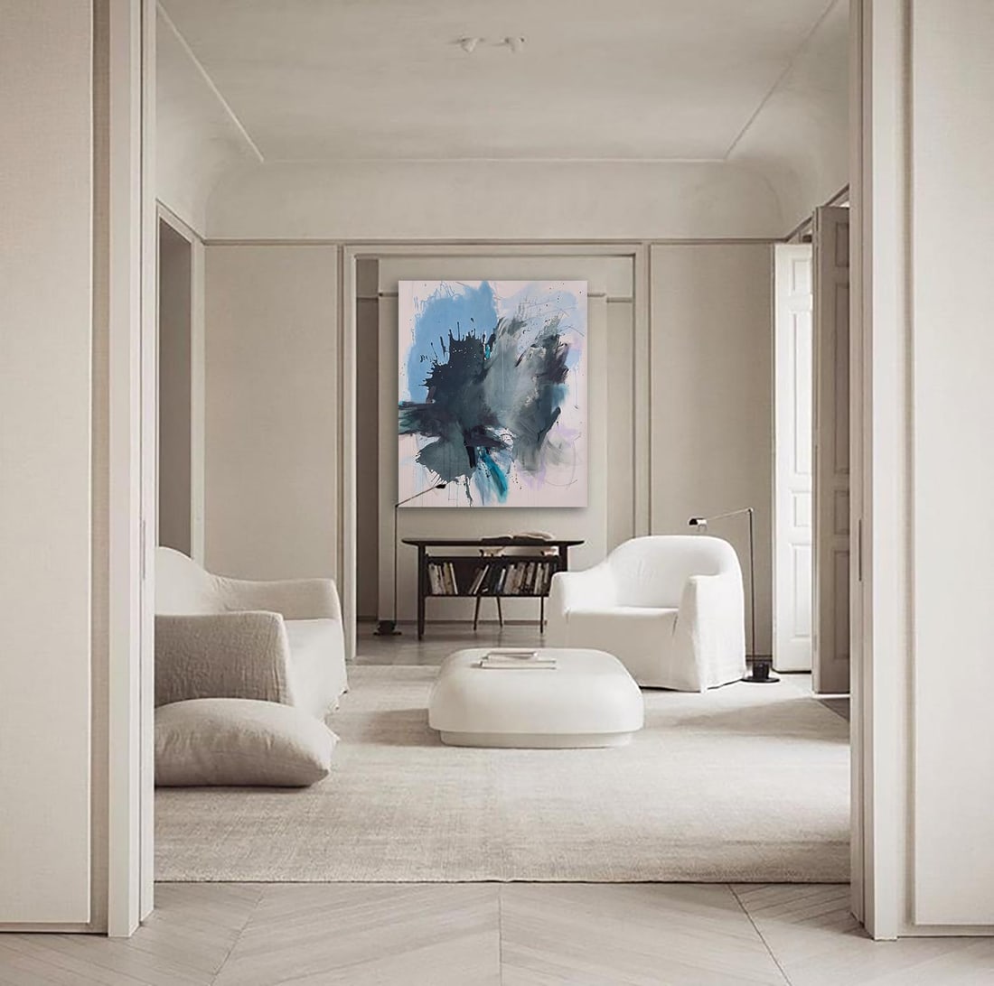 Sings My Soul Original Lyrical Abstraction Painting in Forest Green, Teal, and Sky Blue - 4