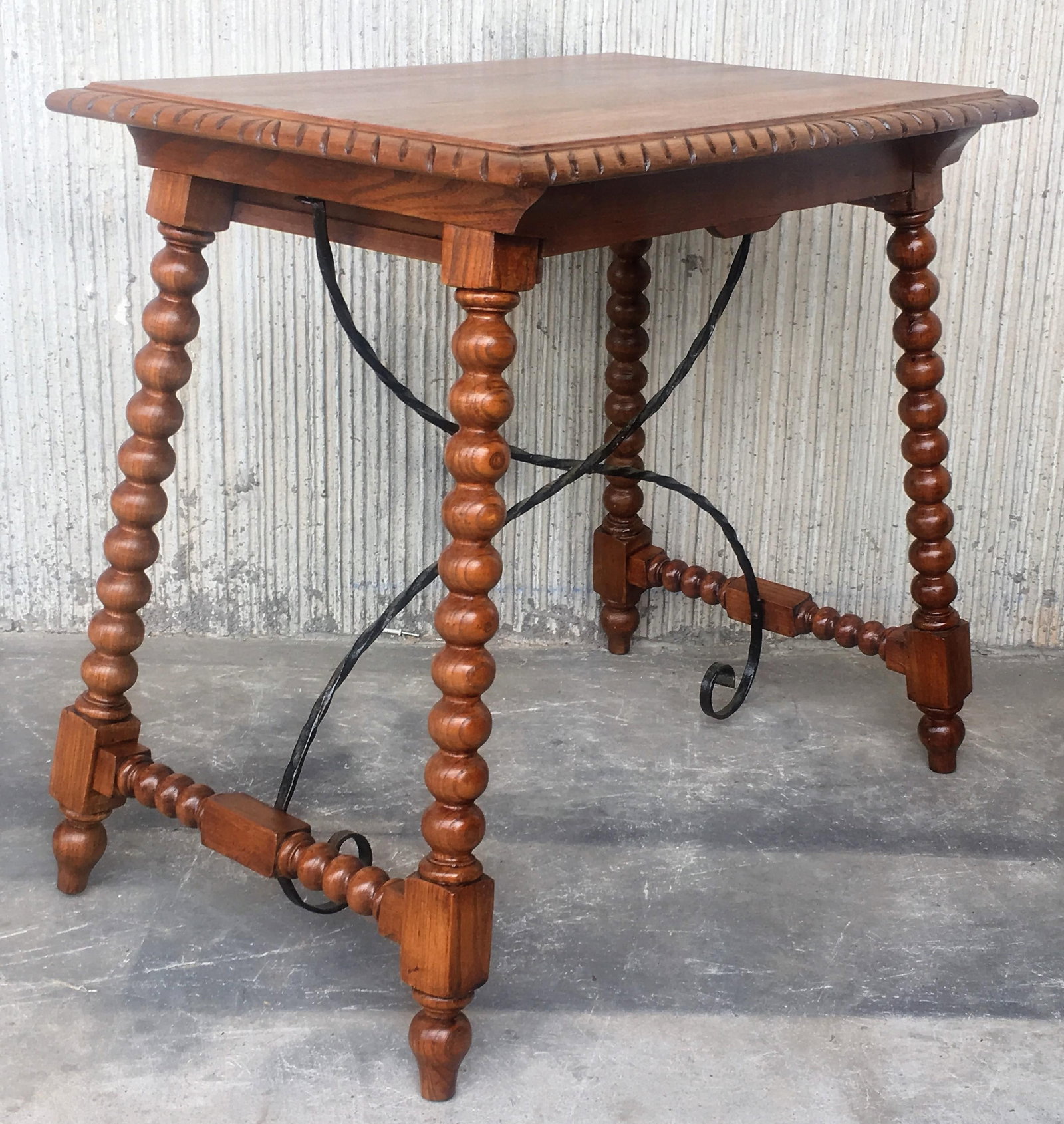 19th Century Spanish Farm Table With Iron Stretchers, Hand Carved Top and Drawer - 12