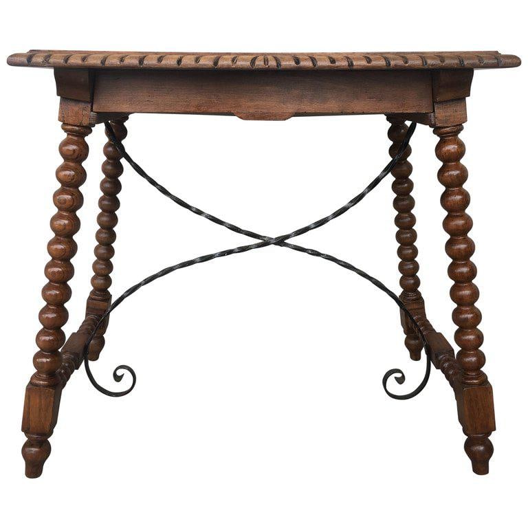 19th Century Spanish Farm Table With Iron Stretchers, Hand Carved Top and Drawer - 2