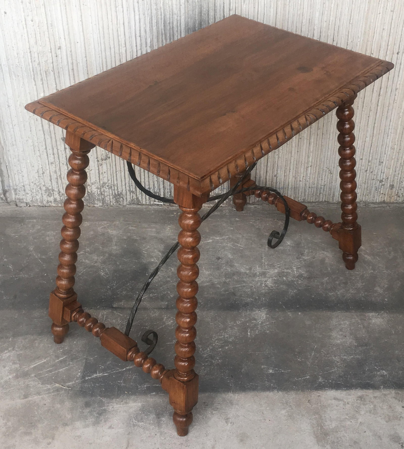 19th Century Spanish Farm Table With Iron Stretchers, Hand Carved Top and Drawer - 4