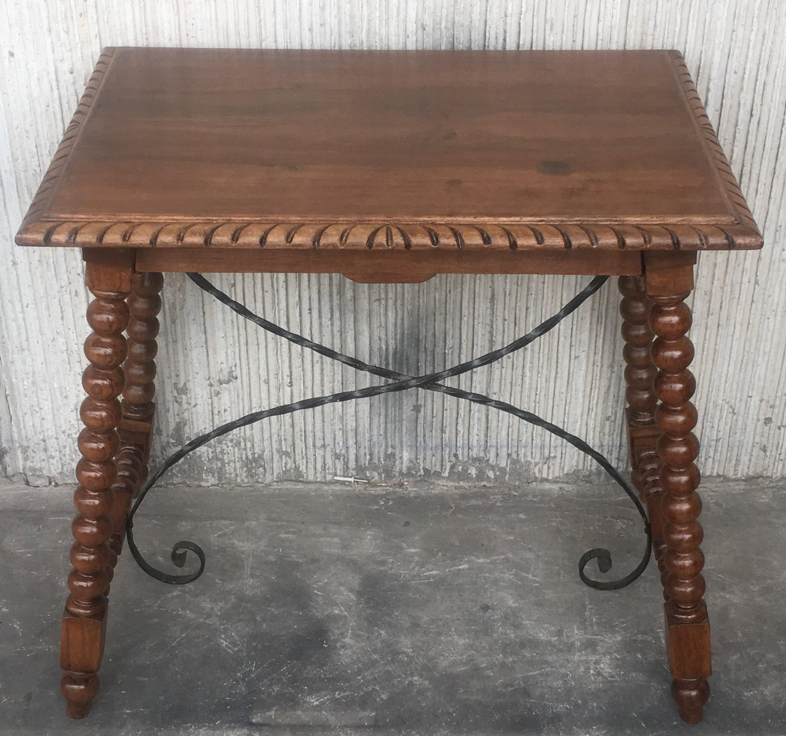 19th Century Spanish Farm Table With Iron Stretchers, Hand Carved Top and Drawer - 5