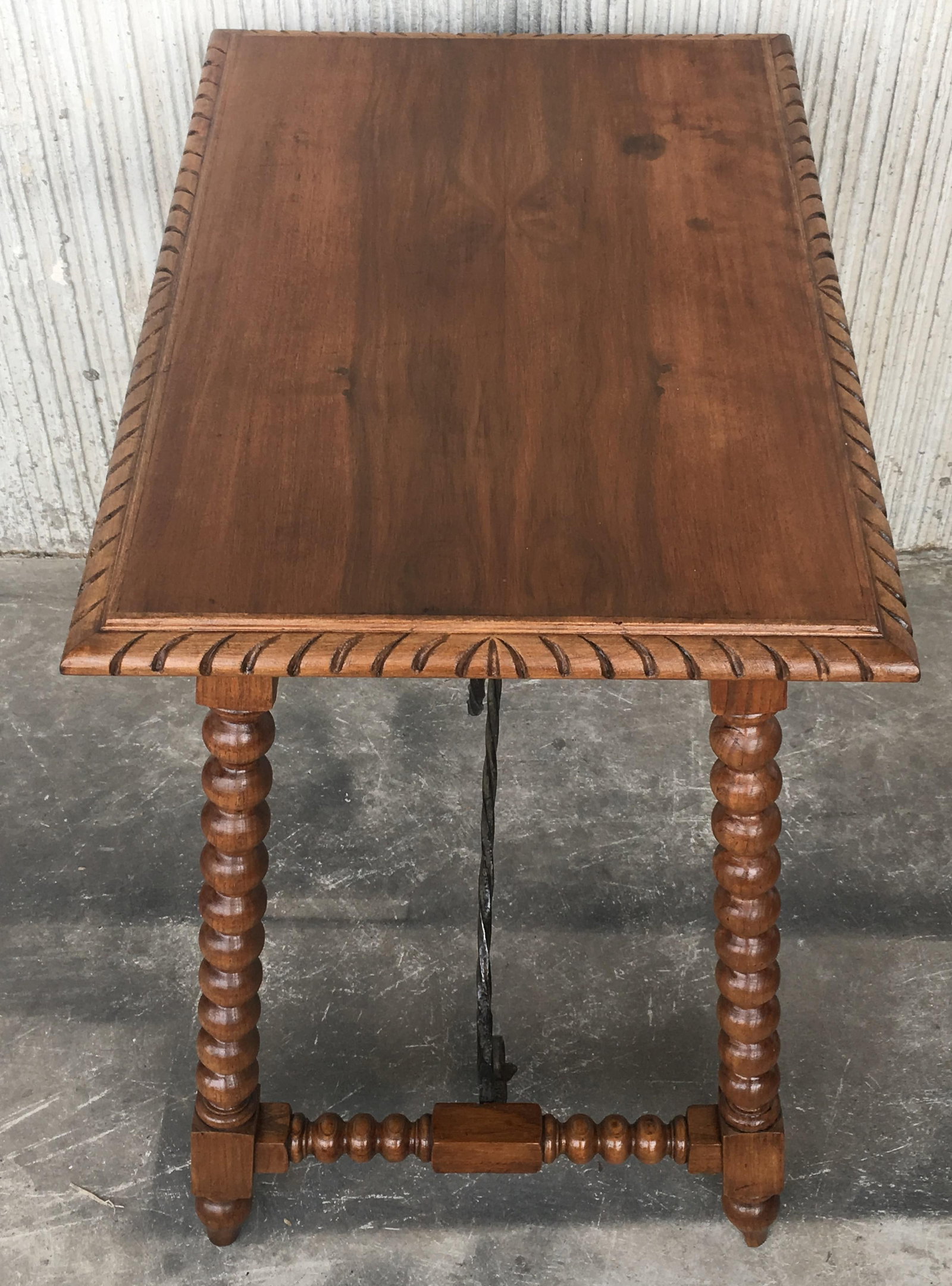19th Century Spanish Farm Table With Iron Stretchers, Hand Carved Top and Drawer - 7