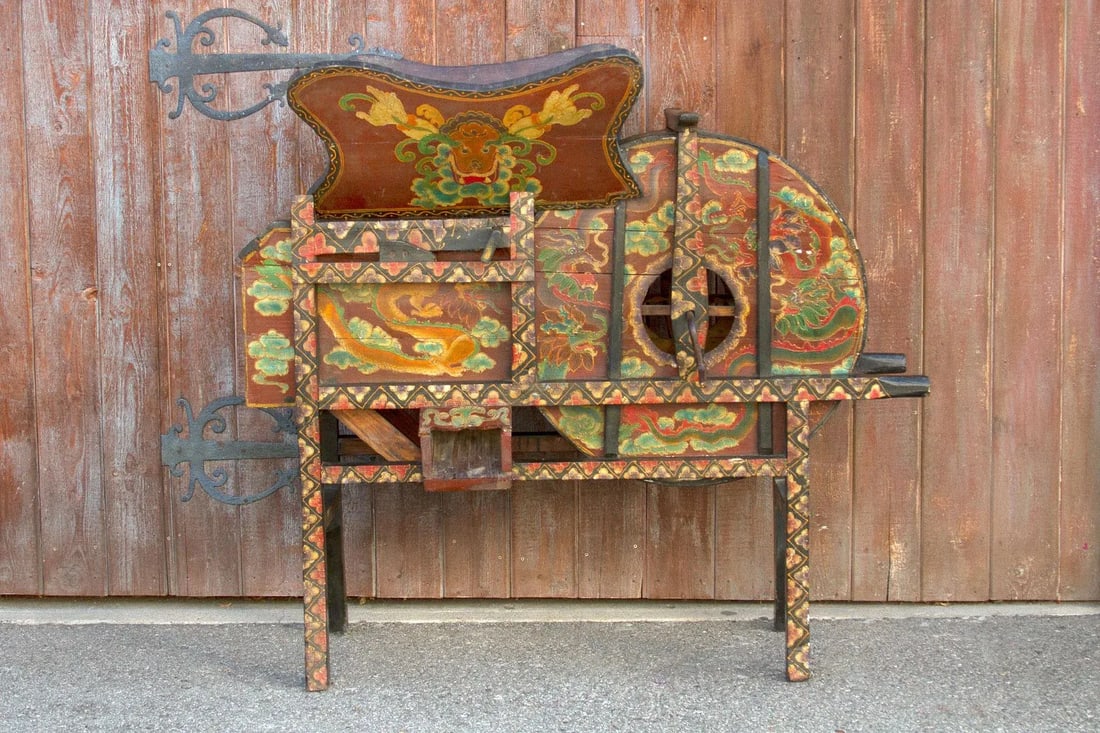 Antique Tibetan Painted Rice Grinder - 2