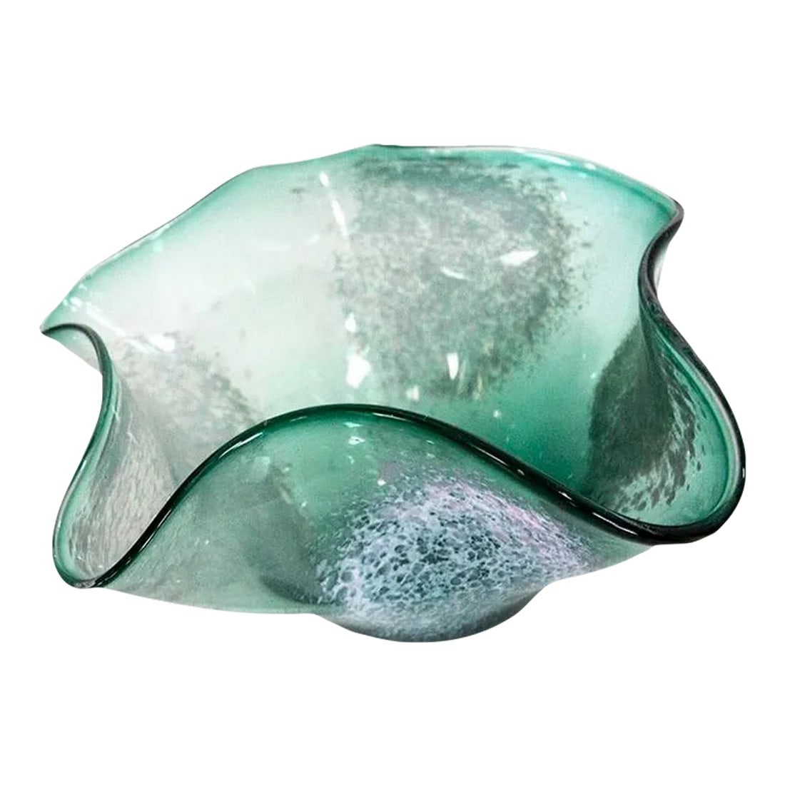 Estes Park Hand Blown Glass Ruffled Bowl - One of a Kind: Estes Park Colorado is known for it's stunning one of a kind glass creations made by hand. This beautiful ruffled glass bowl is one of a kind! Condition: Alterations: Original Design Modified