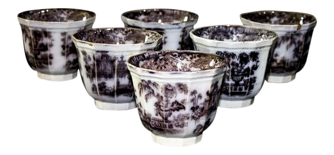 Podmore Walker Mulberry Tea Cups - Handleless = Set of 6: Rare set of 6 stoneware tea cups (no handles) from Podmore Walker & Co. The pattern is Corean Pearl, flow black/mulberry, Circa 1850s. Condition: Alterations: Original Condition Unaltered Imperfection