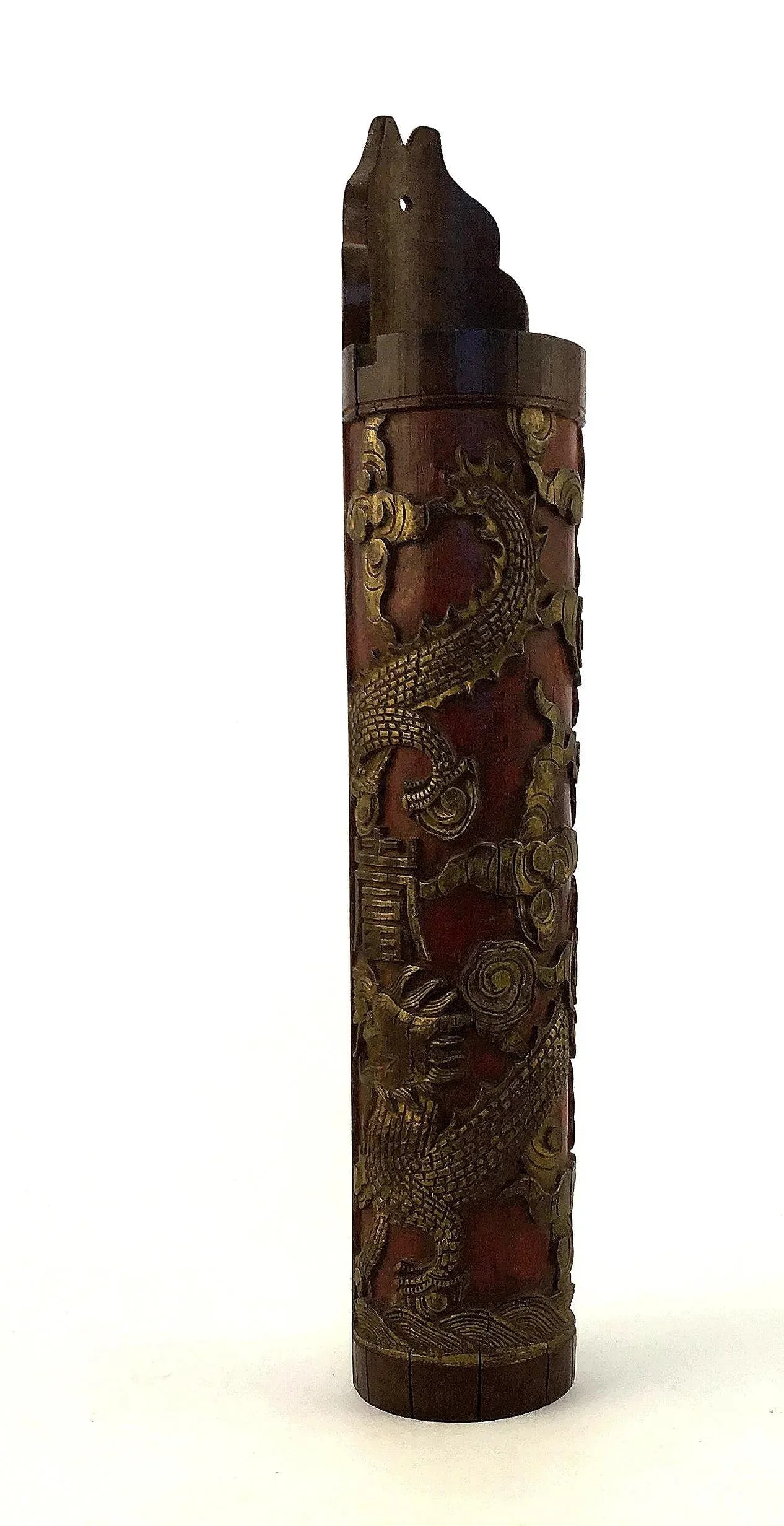 1900s Chinese Carved & Gilt Painted Bamboo Incense Holder - 2