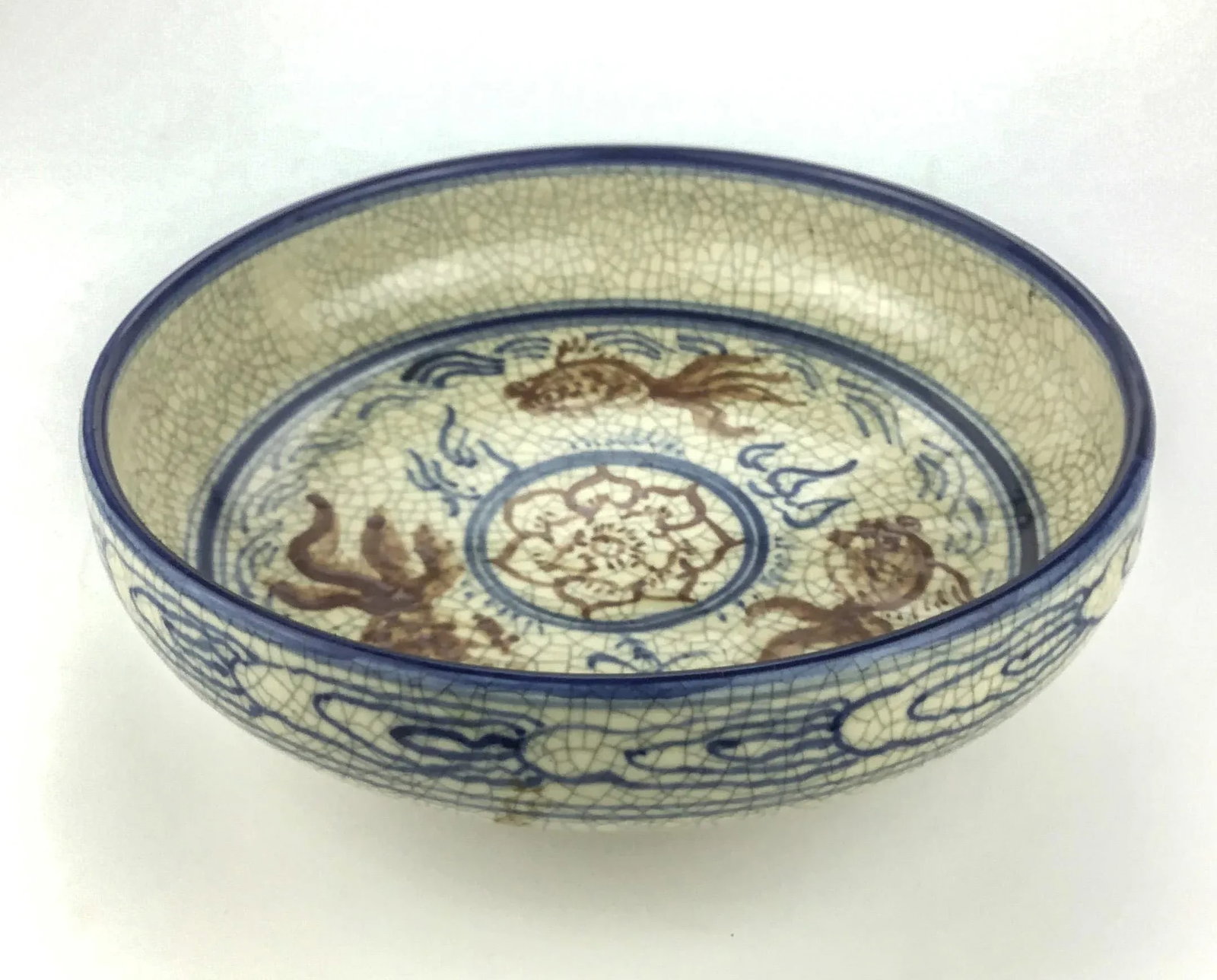 Rare Asian Crackle Finished Ceramic Clay Pottery Bowl Goldfish Swimming Among Clouds - 2
