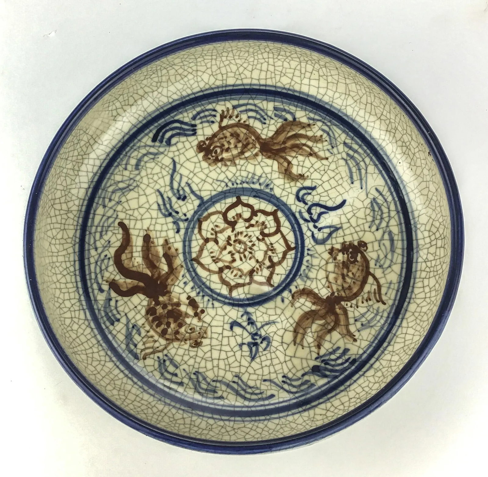 Rare Asian Crackle Finished Ceramic Clay Pottery Bowl Goldfish Swimming Among Clouds - 3