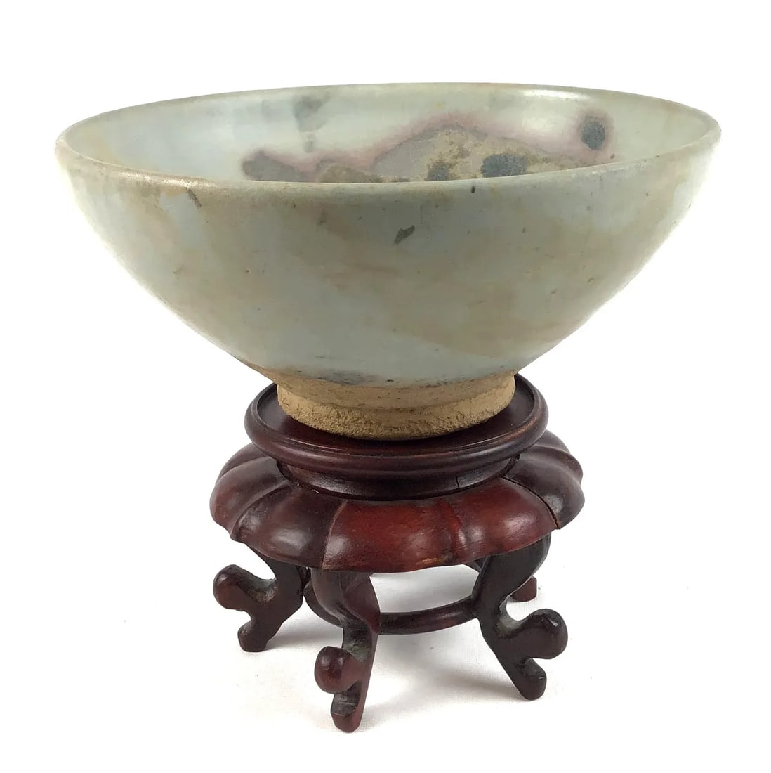 Chinese Junyao Style Oxidized Copper Pottery Bowl on Carved Rosewood Stand - 10