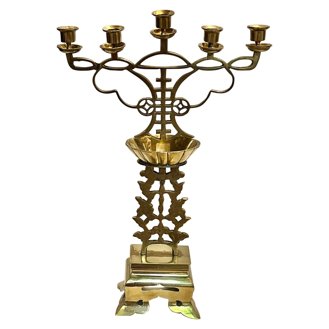 Asian Solid Brass Ornate Candelabra, Long Life Symbol: Allow us to present to you this extraordinary Vintage James Mont Style Solid Brass Asian Style Candelabra. This magnificent piece exudes elegance and craftsmanship, making it a true gem for any