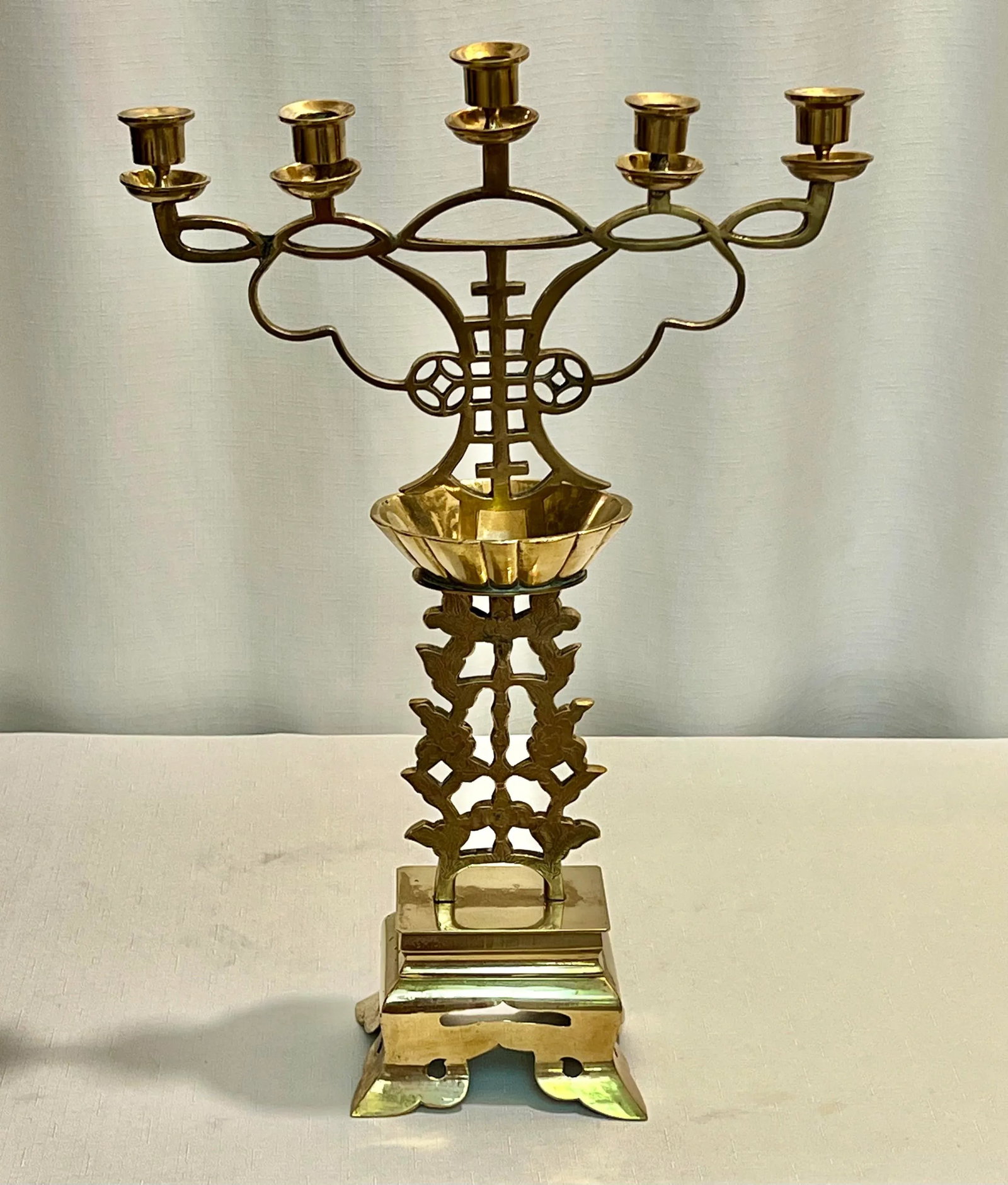 Asian Solid Brass Ornate Candelabra, Long Life Symbol - 2