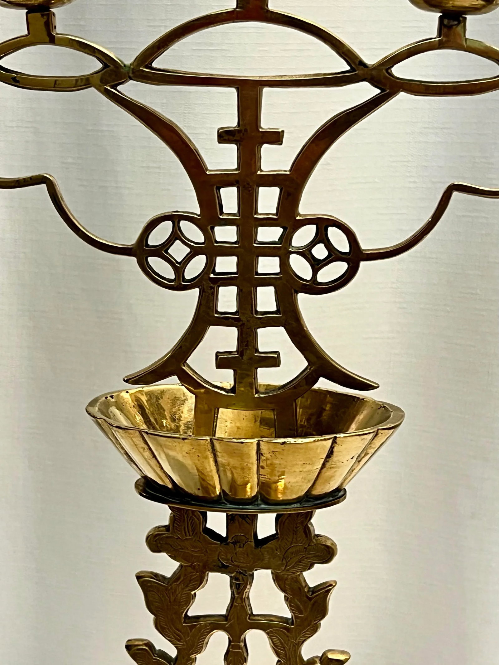 Asian Solid Brass Ornate Candelabra, Long Life Symbol - 3