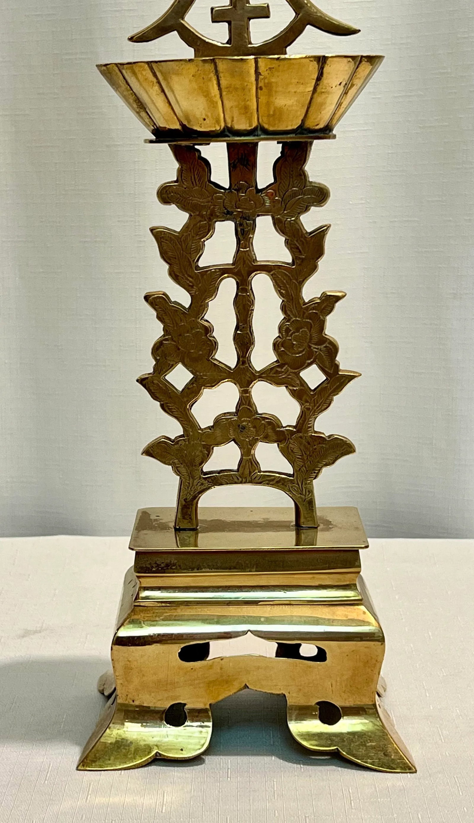 Asian Solid Brass Ornate Candelabra, Long Life Symbol - 4