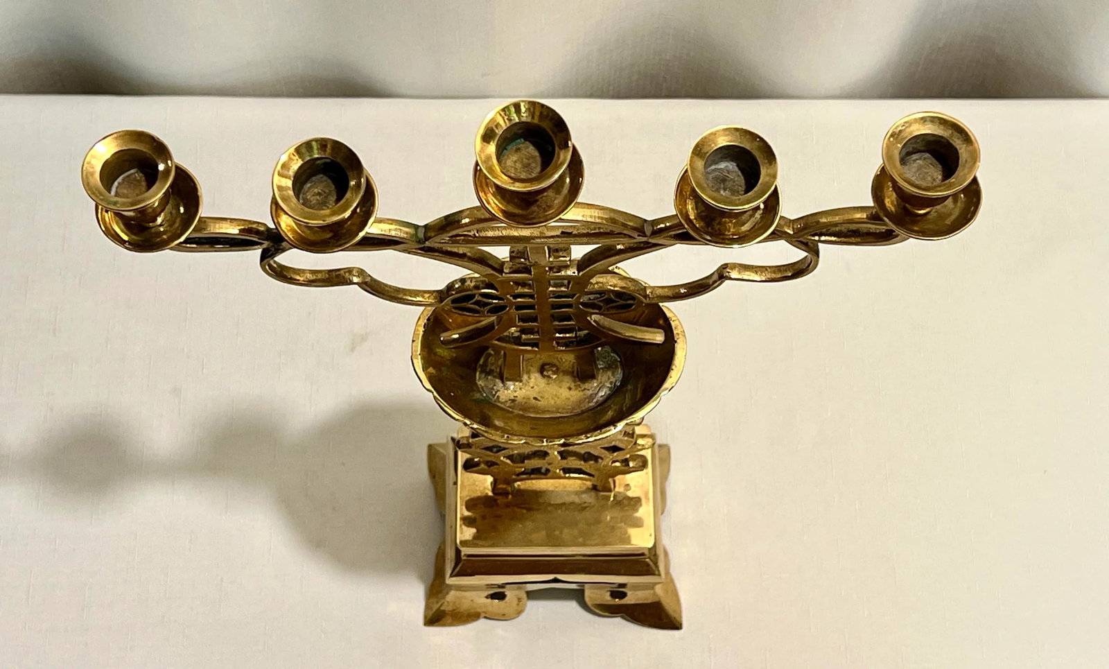Asian Solid Brass Ornate Candelabra, Long Life Symbol - 5