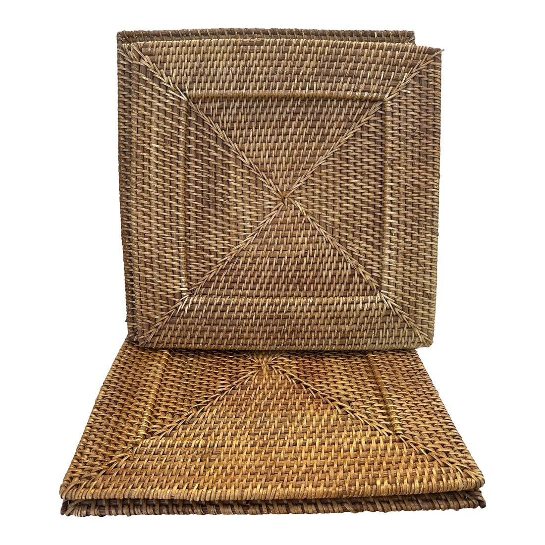 Vintage Set of 6 Square Hand Woven Rattan Plate Chargers: Vintage set of 6 Square Rattan hand woven rattan chargers provide the perfect accent to any table setting with a tight weave, durable construction. I also have matching napkin rings in my listings.