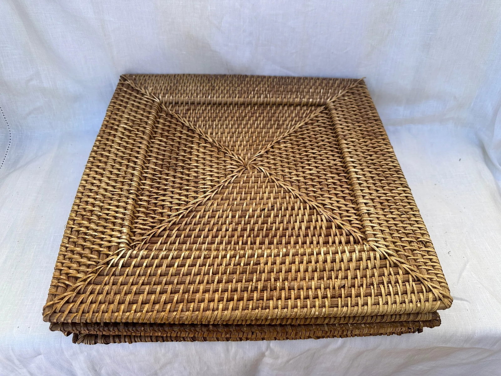 Vintage Set of 6 Square Hand Woven Rattan Plate Chargers - 3