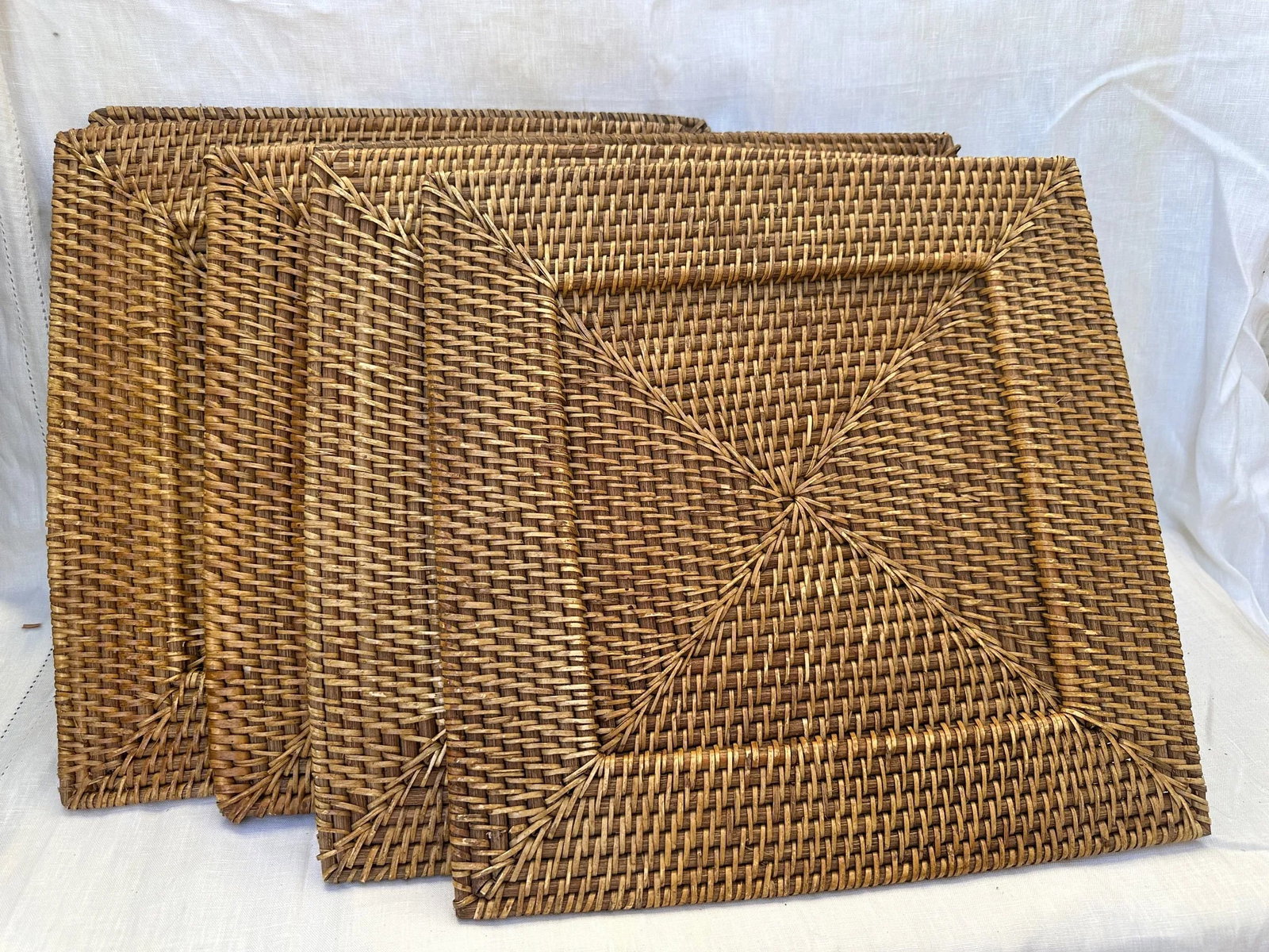 Vintage Set of 6 Square Hand Woven Rattan Plate Chargers - 4