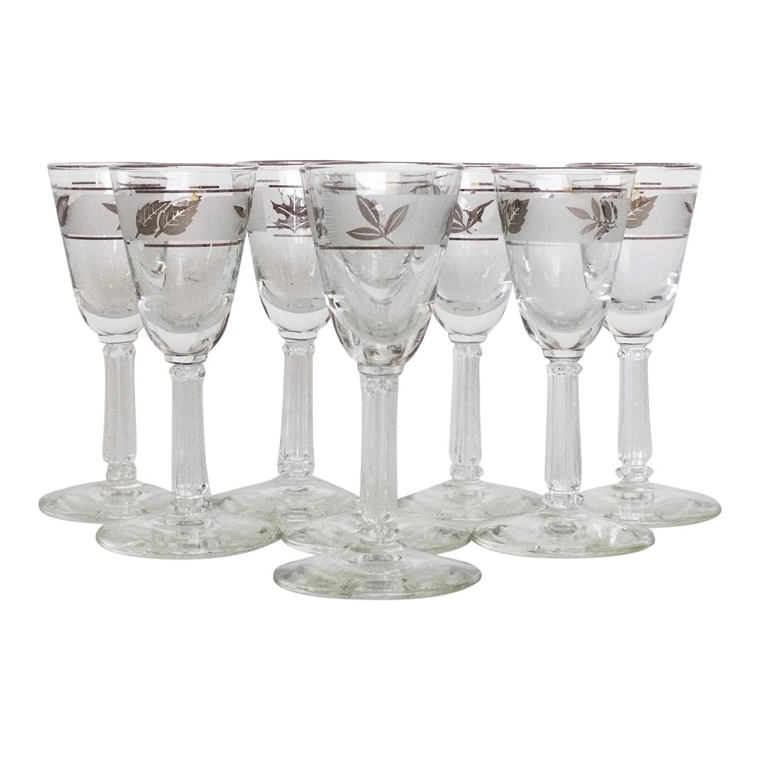 Mid-Century Modern Libbey Silver Leaf Cordial Glasses - Set of 8: Set of 8 mid-century modern Libby cordial stem glasses in the popular silver leaf pattern. 4 1/4" high x 1 1/2" rim diameter Condition: Alterations: Original Condition Unaltered Imperfections: Some Im