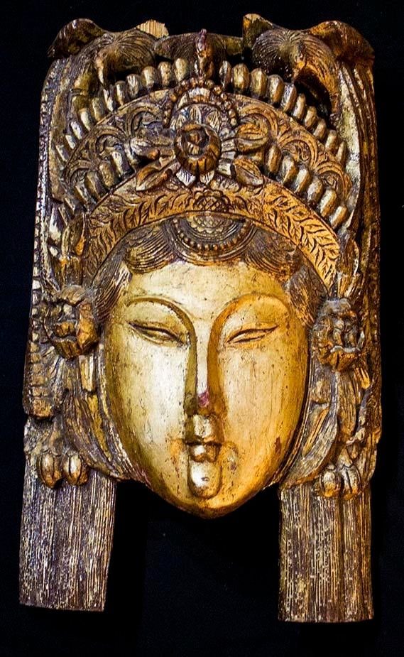 Gold Gilt Carved Wood Wall Sculpture Lovely Asian Woman - 2