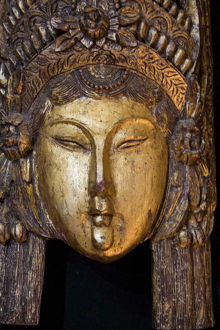 Gold Gilt Carved Wood Wall Sculpture Lovely Asian Woman - 3