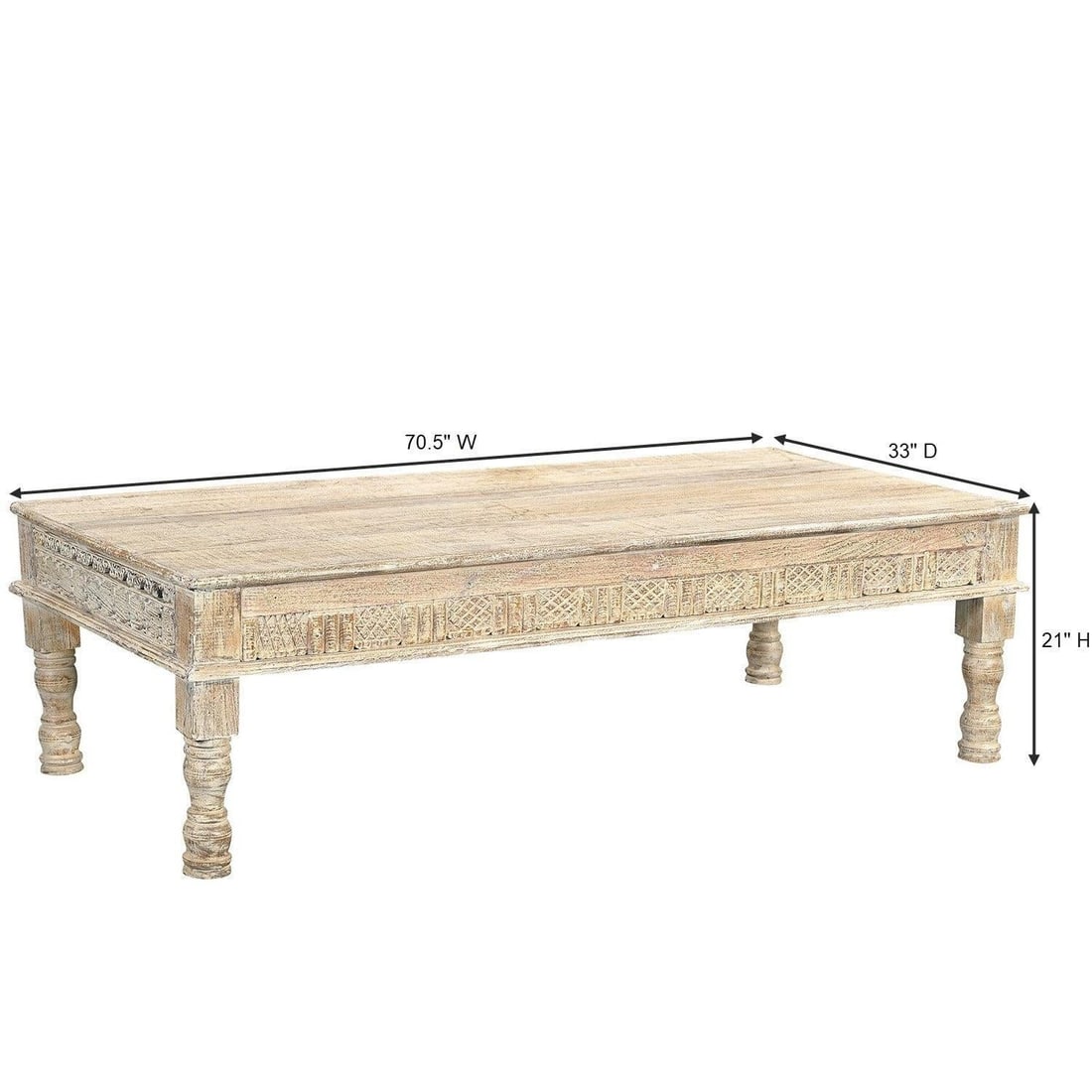 Farmhouse Style Long Solid Wood Coffee Table in Distressed White Finish - 4
