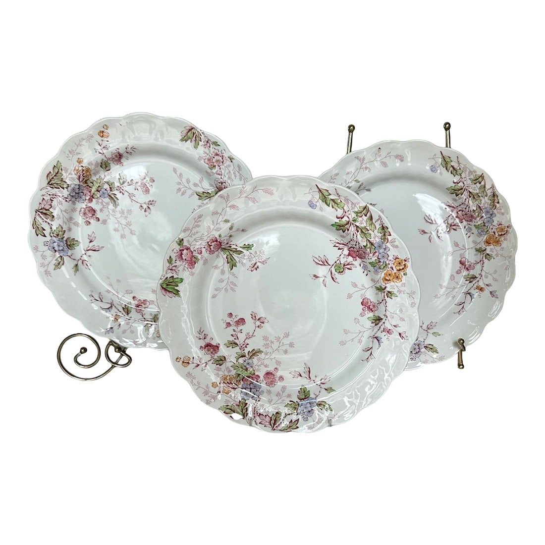 1970s Booths China "Washington" Pattern Dinner Plates, Made in England- Set of 3: Booths of England Dinner Plates Washington Pattern Pink yellow Blue Floral Set of 3 10.5" round Good vintage condition One plate shows a small poor transfer of leaves Condition: Alterations:
