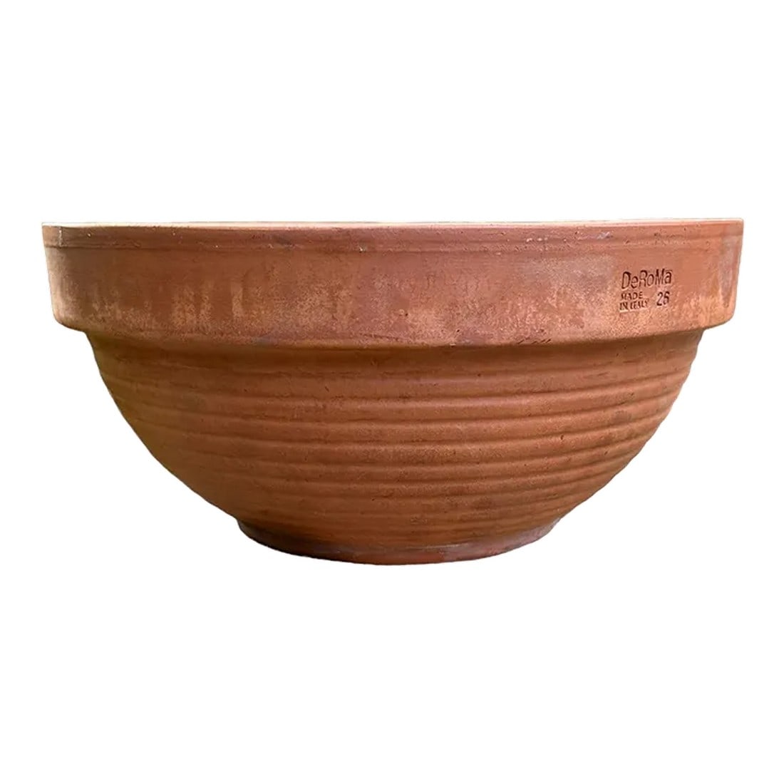 Vintage Italian Terracotta Handmade Clay Planter: Vintage Italian Terra Cotta Hand Made Clay Planter Made in Italy DeRoMa #26 11" round x 5" high Lovely age-worn patina, ribbed texture and drainage hole. Wide shallow bowl attractive for