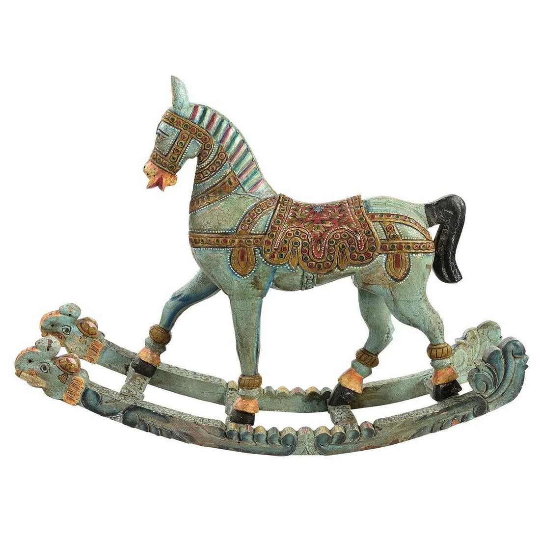 Vintage Hand Carved Wooden Artistically Painted Royal Rocking Horse Sculpture - 3