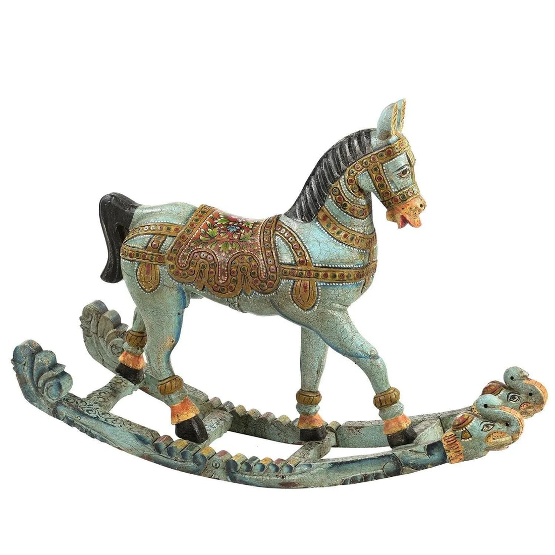 Vintage Hand Carved Wooden Artistically Painted Royal Rocking Horse Sculpture - 4
