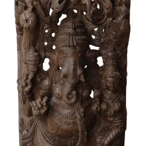 Hand Carved Solid Wood Dancing Ganesha Tall Statue - 3