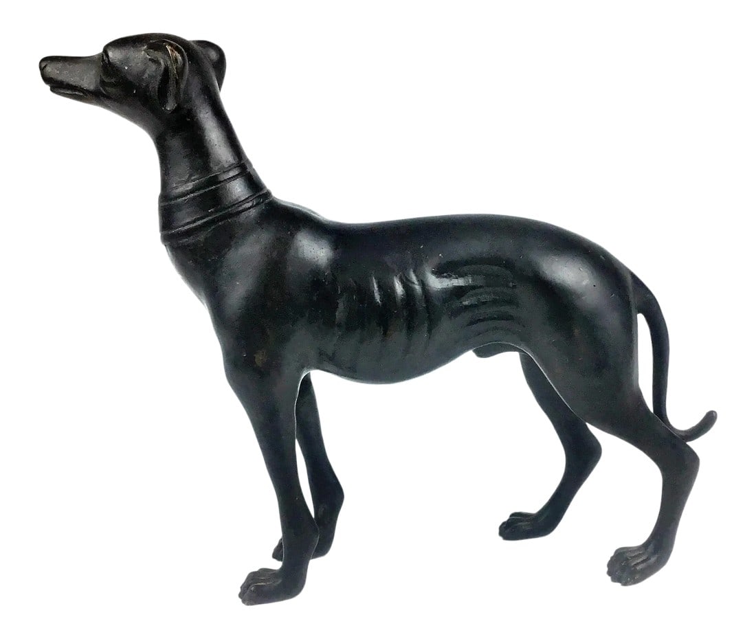 Antique Black Bronze Dog Statue: Unsigned Bronze Dog sculpture from England. Solid and gift worthy. Beautiful form and perfect size. Condition: Alterations: Original Condition Unaltered Imperfections: Some Imperfections Condition